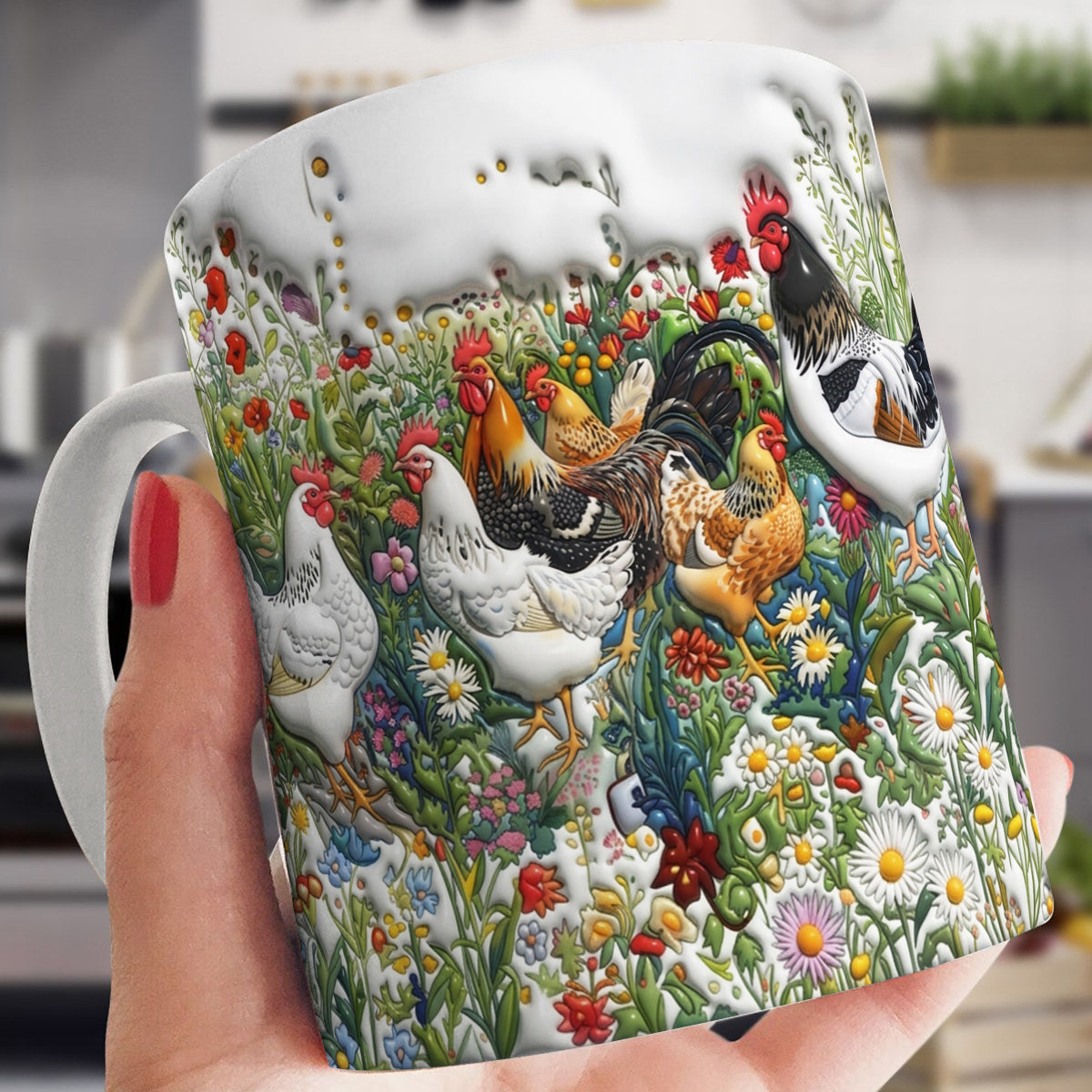 Lorva Chicken Flat Print Mug Happy Field Flowers