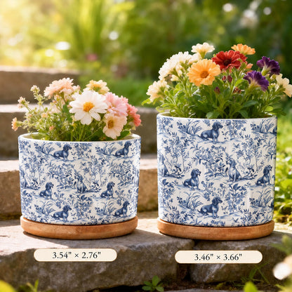 Lorva Dachshund Flat Print Ceramic Plant Pot Blue Floral