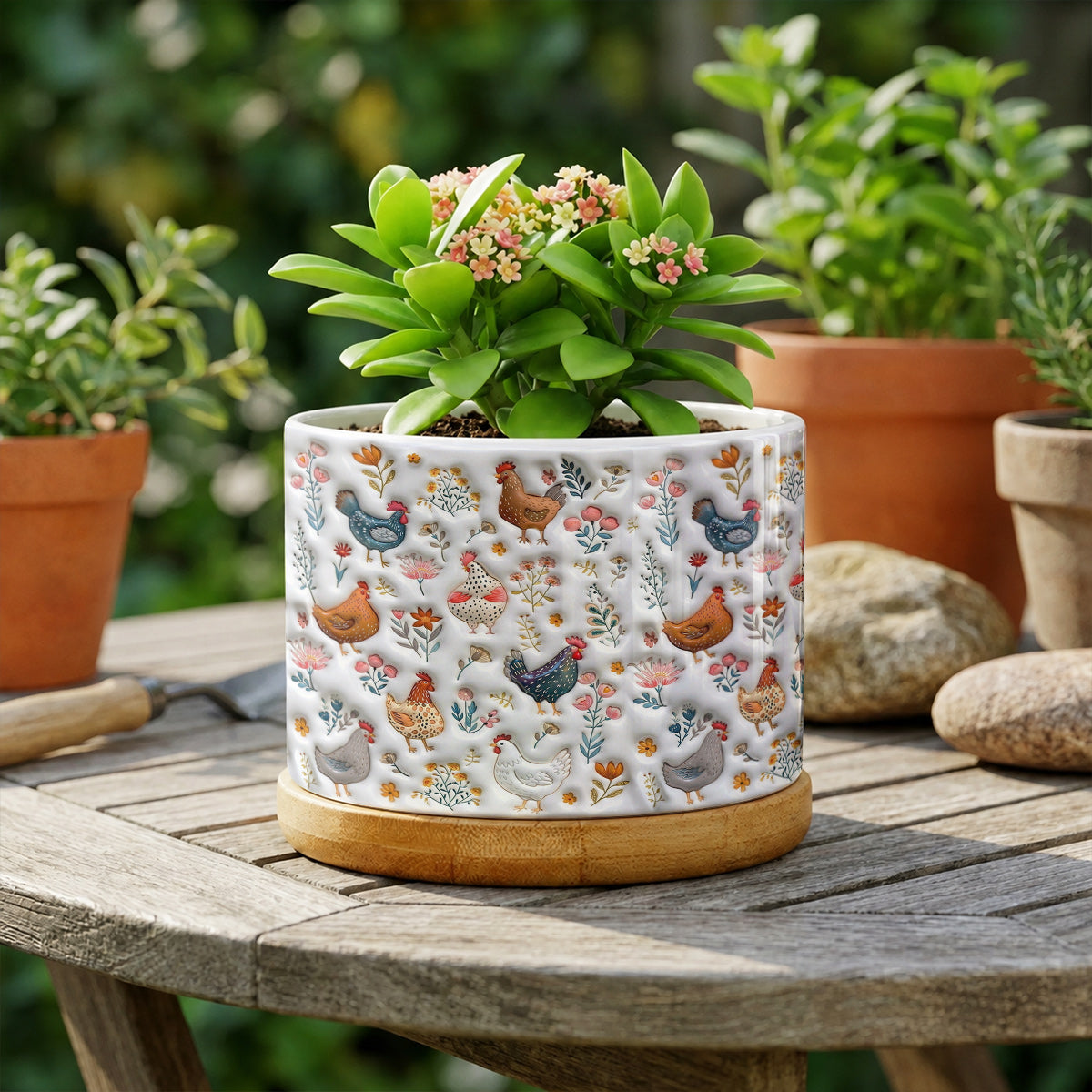 Lorva Chicken Flat Print Ceramic Plant Pot Happy Field Flowers