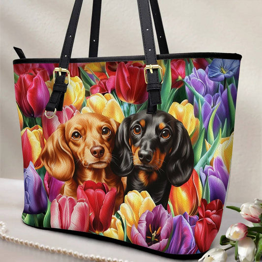 Lorva Dachshund Leather Tote Bag Tulip Garden