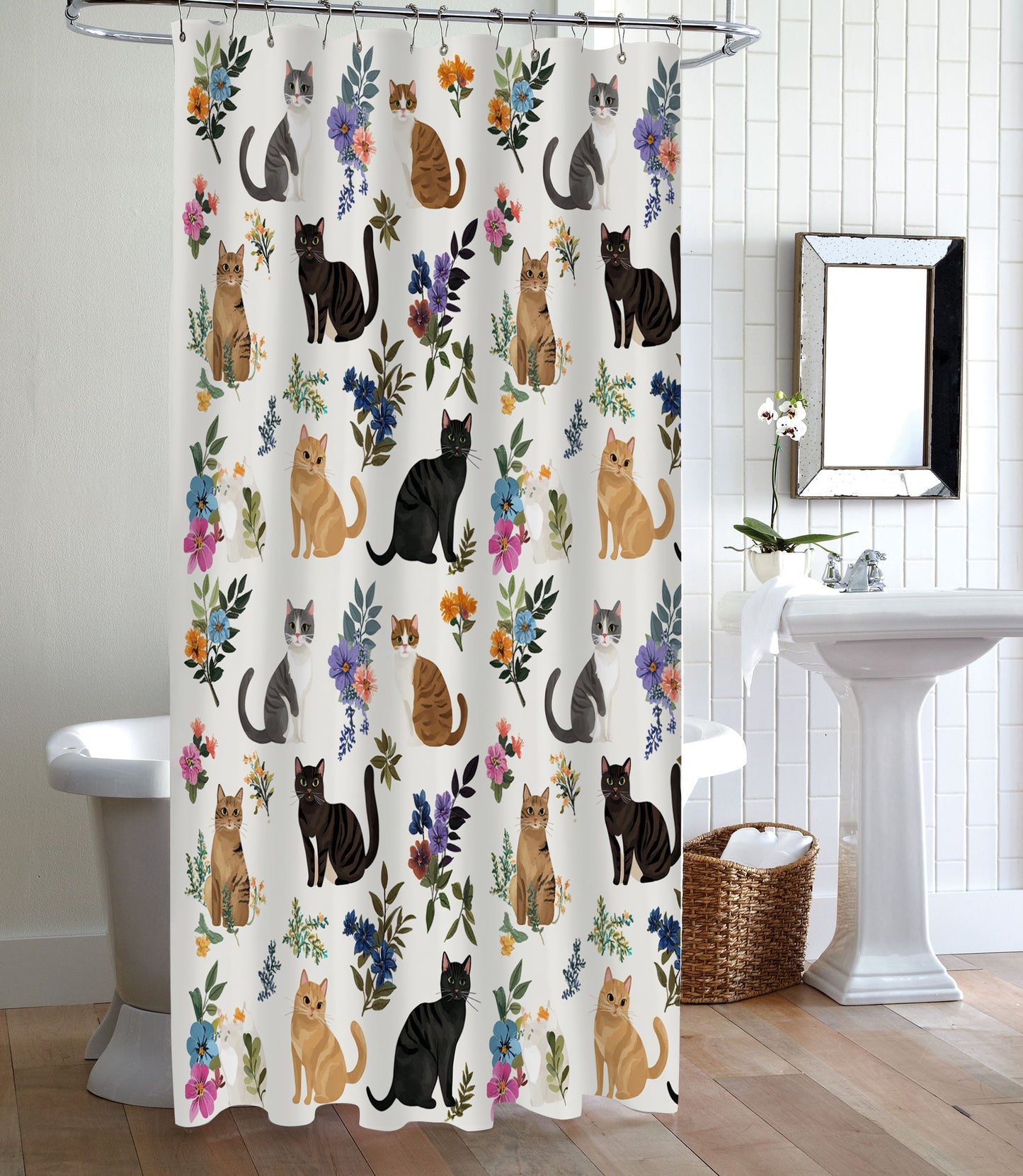 Lorva Shower Curtain Cute Floral Cats