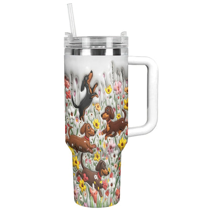 Lorva Tumbler Puffy Happy Dachshunds In Flower Garden