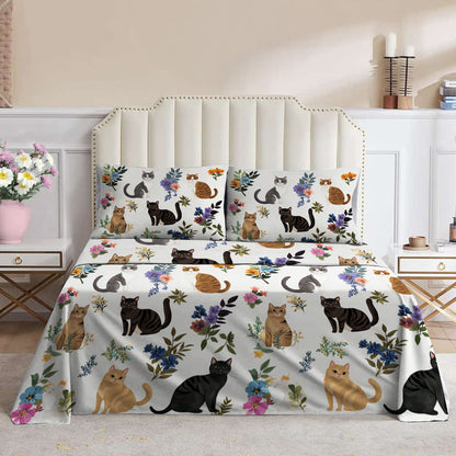 Lorva 4-Piece Bed Sheet Set Cute Floral Cats