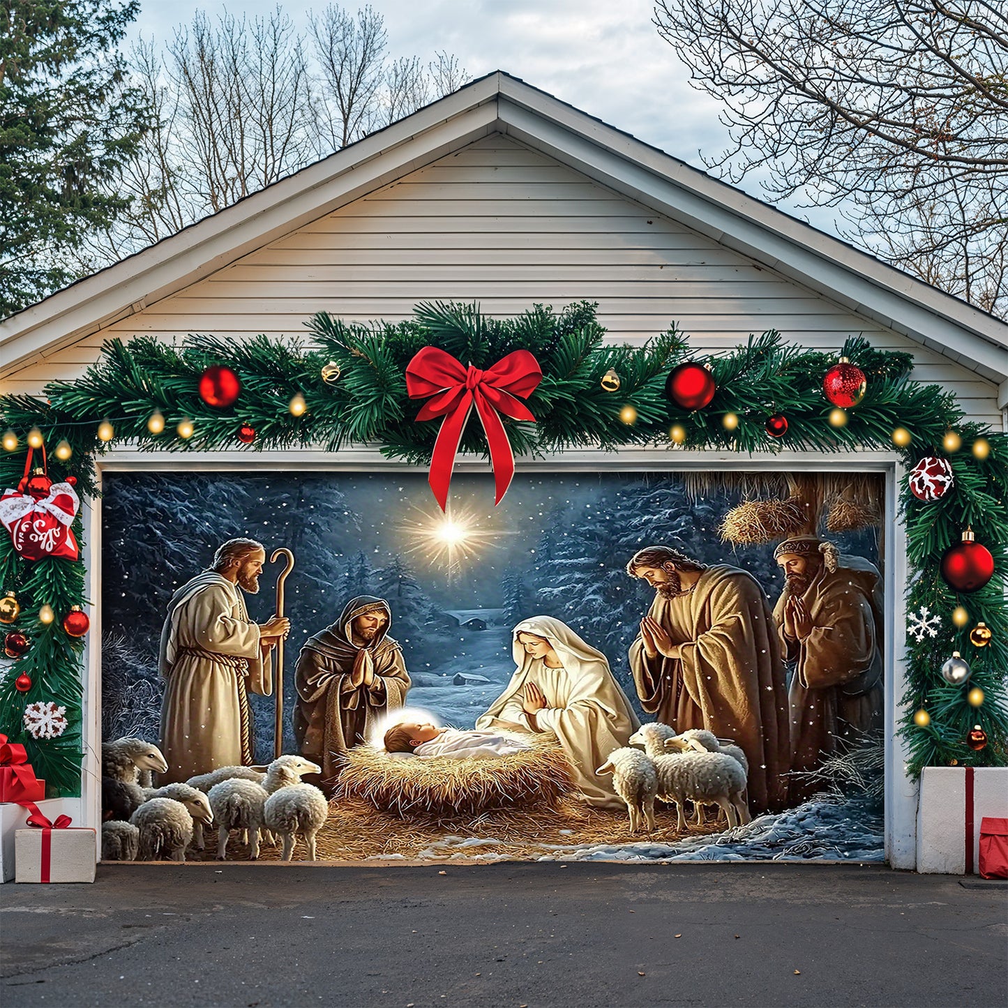 Lorva Christmas Garage Door Banner Decoration Faith Love The Nativity Scene