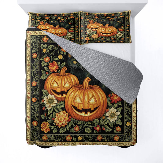 Halloween Lorva All Season Quilt 3-Piece Set Vintage Black Cat Pumpkins