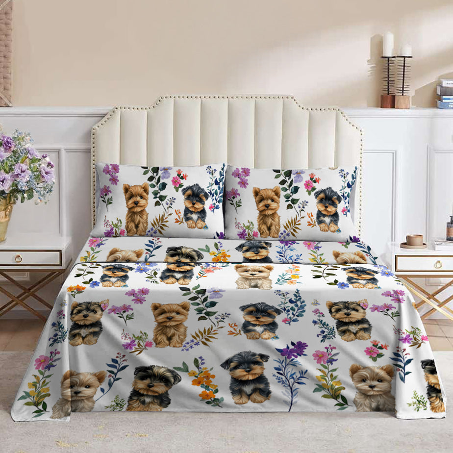Lorva 4-Piece Bed Sheet Set Charming Floral Yorkies