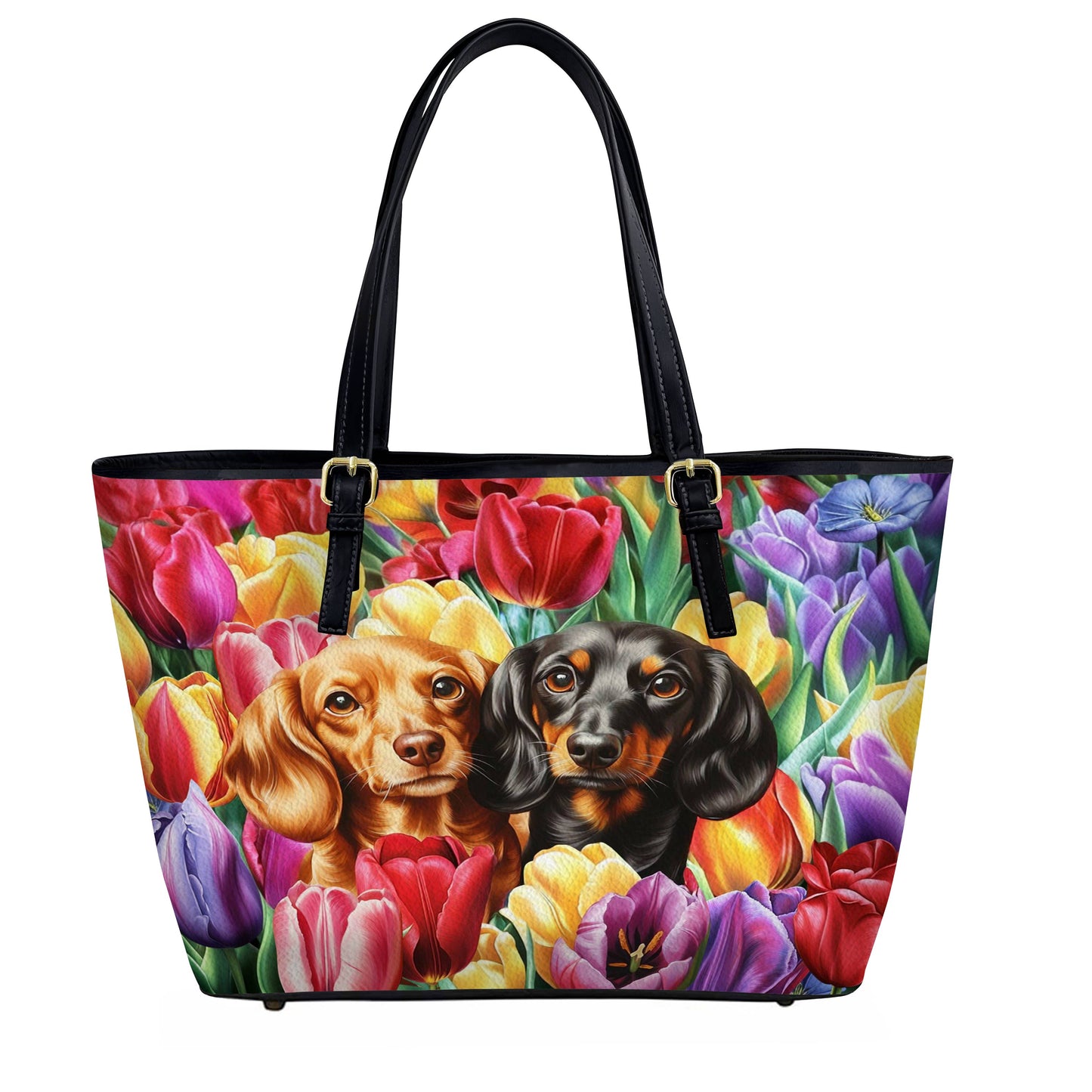 Lorva Dachshund Leather Tote Bag Tulip Garden