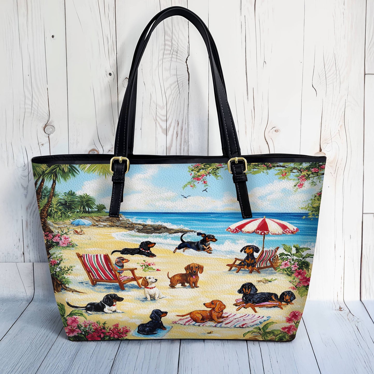 Lorva Dachshund Leather Tote Bag Dachshund Beach Party