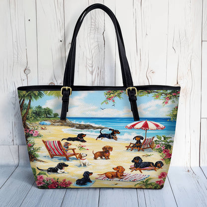 Lorva Dachshund Leather Tote Bag Dachshund Beach Party