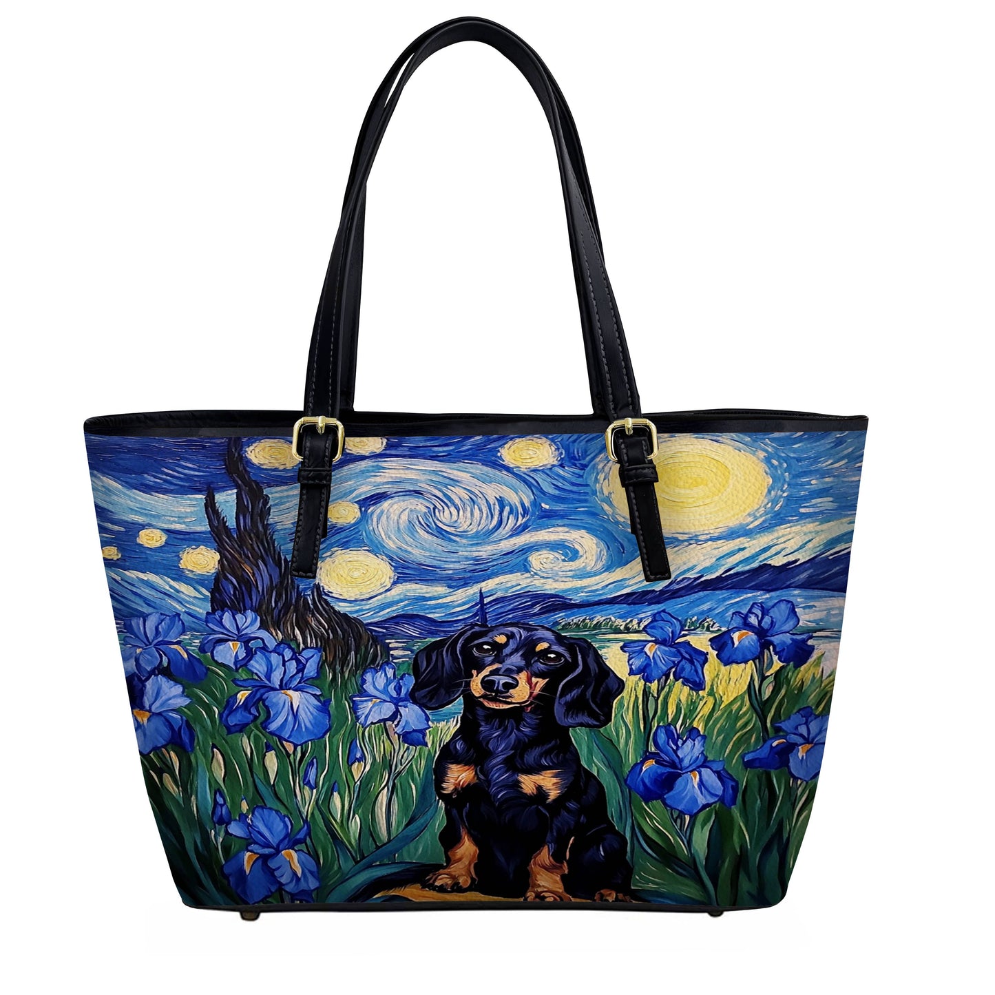 Lorva Leather Tote Bag Irish Starry Night Dachshund Delight