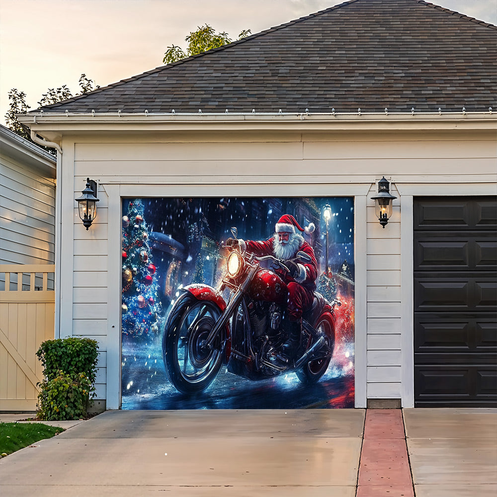 Lorva Chistmas Garage Door Banner Decoration Santa’s Midnight Motorcycle Run