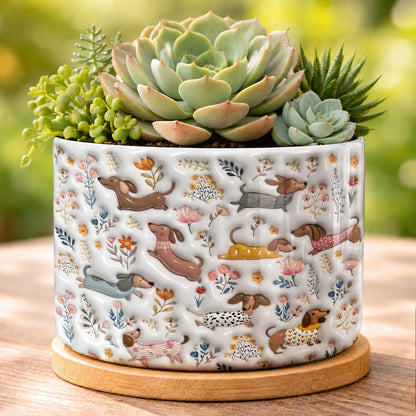 Lorva Dachshund Flat Print Ceramic Plant Pot Happy Field Flowers