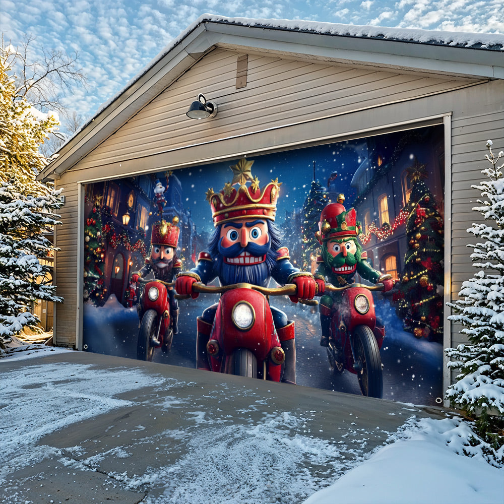 Lorva Christmas Garage Door Banner Decoration Funny Nutcracker Biker