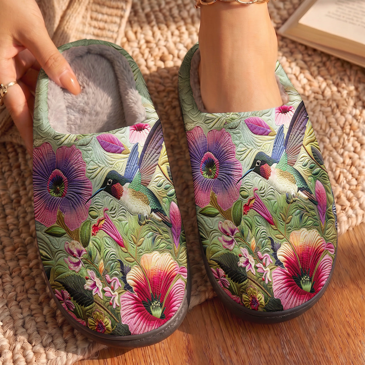 Lorva Hummingbird Fleece Lined Slippers Hibiscus Dreaming