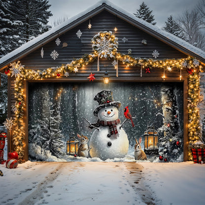 Lorva Garage Door Banner Decoration Winter Forest Snowman Gathering with Bunnies and Cardinals
