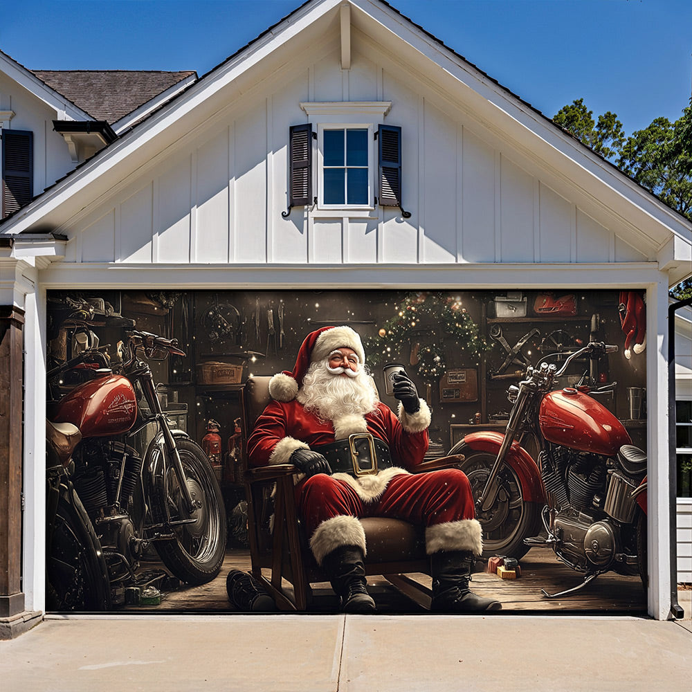 Lorva Christmas Garage Door Banner Decoration Santa’s Motorcycle Garage