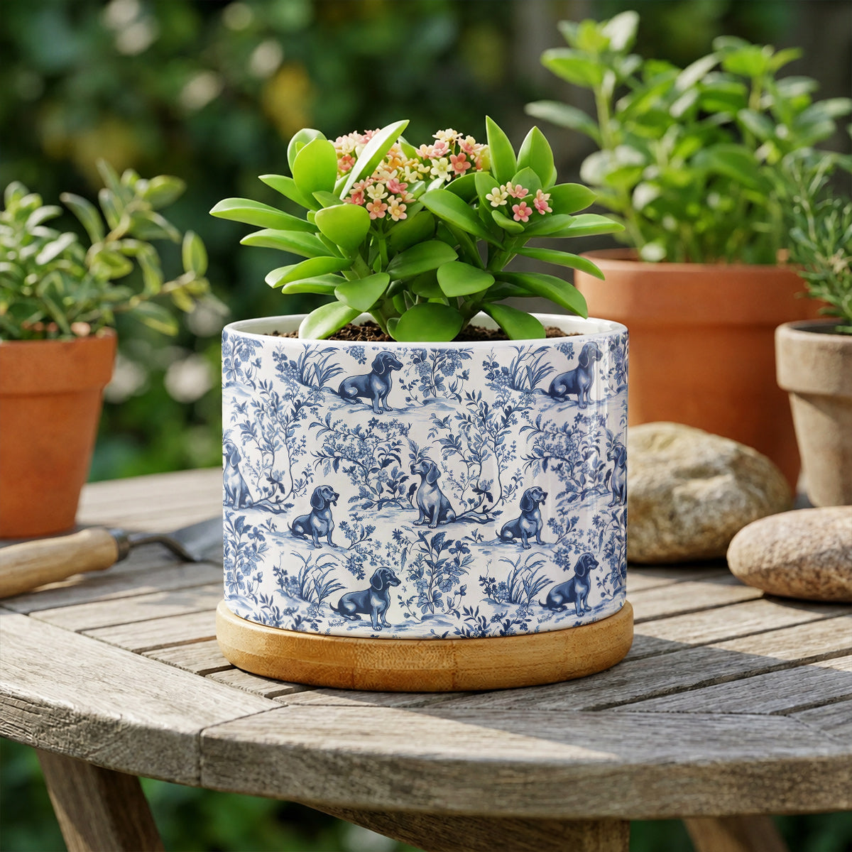 Lorva Dachshund Flat Print Ceramic Plant Pot Blue Floral