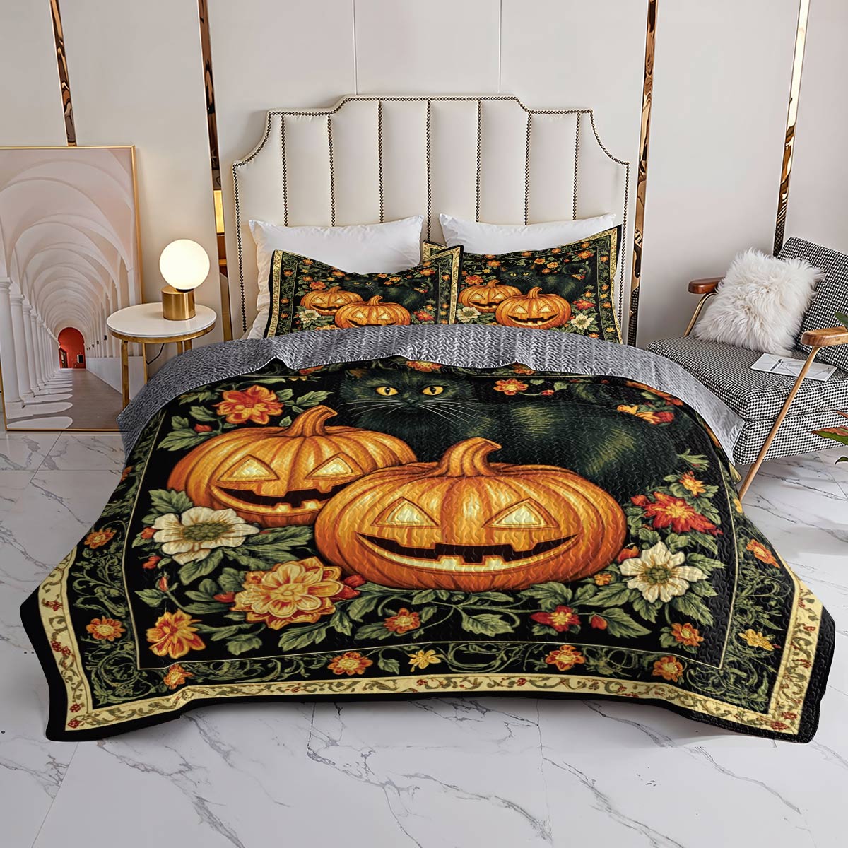 Halloween Lorva All Season Quilt 3-Piece Set Vintage Black Cat Pumpkins