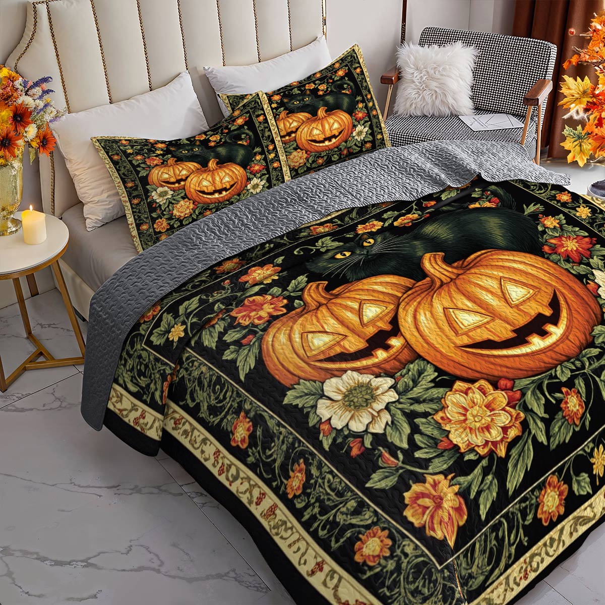 Halloween Lorva All Season Quilt 3-Piece Set Vintage Black Cat Pumpkins
