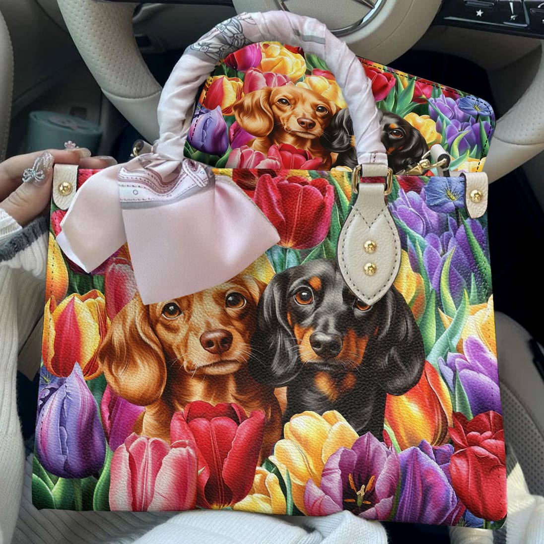 Lorva Dachshund Leather Bag Tulip Garden