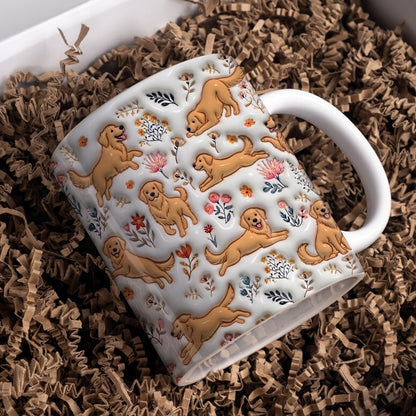 Lorva Golden Retriever Flat Print Mug Happy Field Flowers