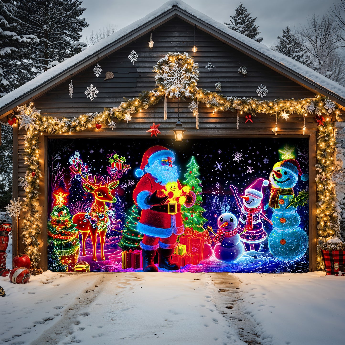 Lorva Christmas Garage Door Banner Decoration Neon Christmas Family