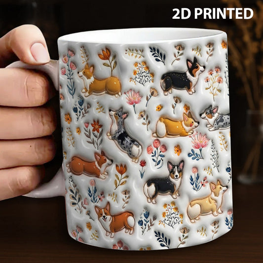 Lorva Corgi Flat Print 11 oz Mug Happy Field Flowers