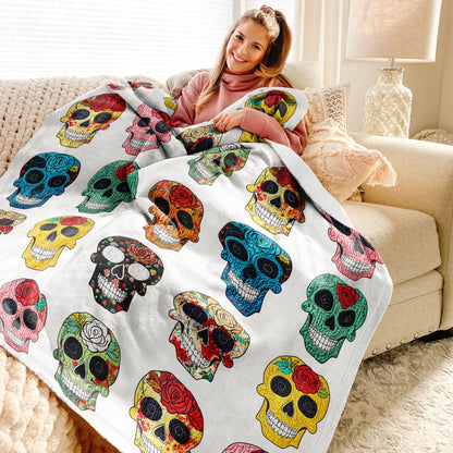 Lorva Fleece Blanket Colorful Sugar Skull Roses