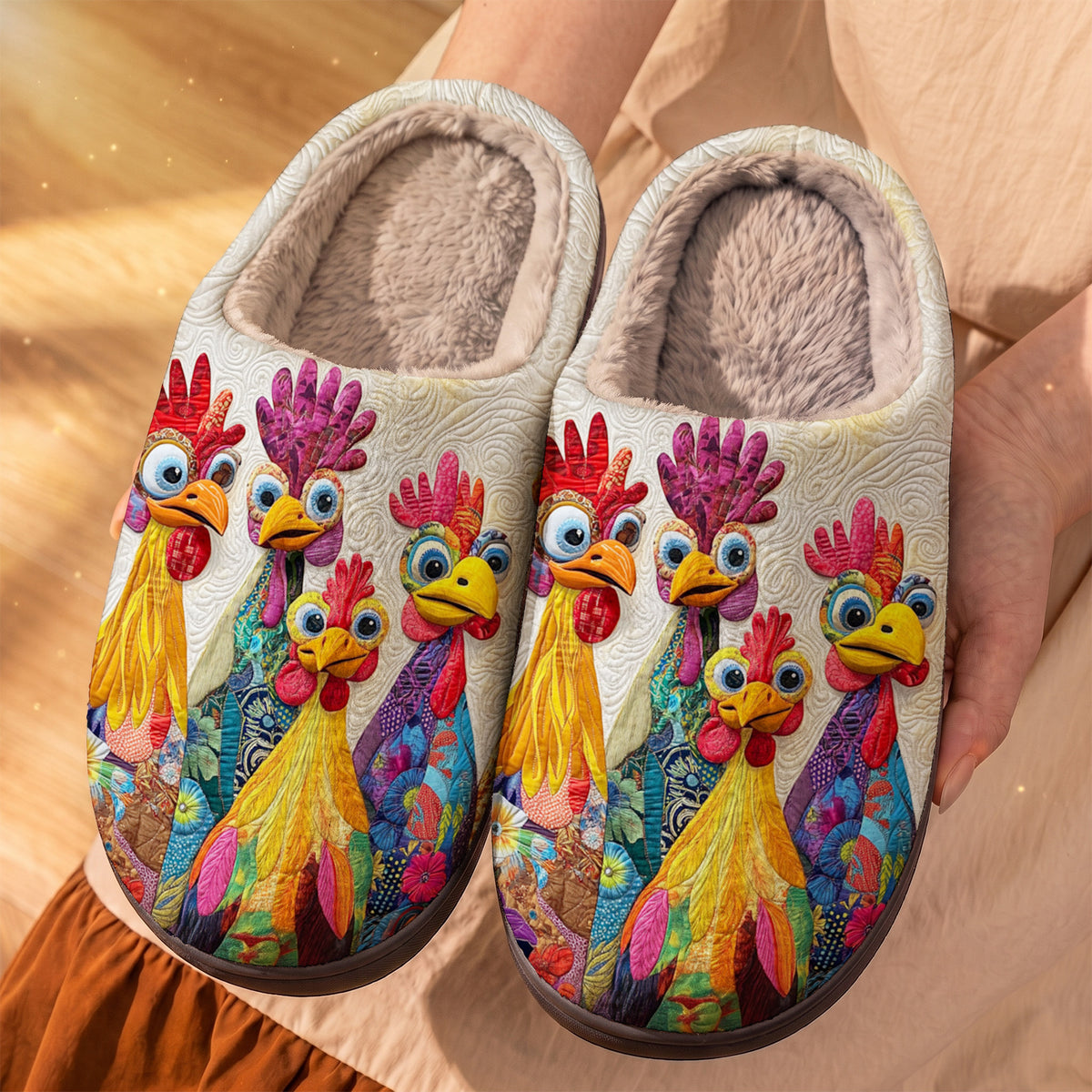 Lorva Chicken Fleece Lined Slippers Whimsical Floral Chickens