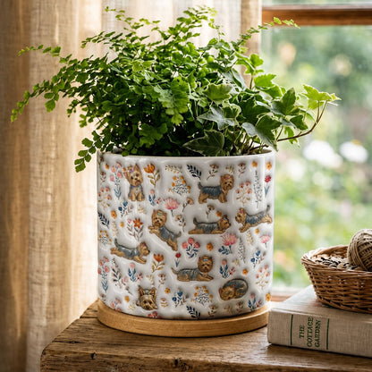 Lorva Yorkie Flat Print Ceramic Plant Pot Happy Field Flowers