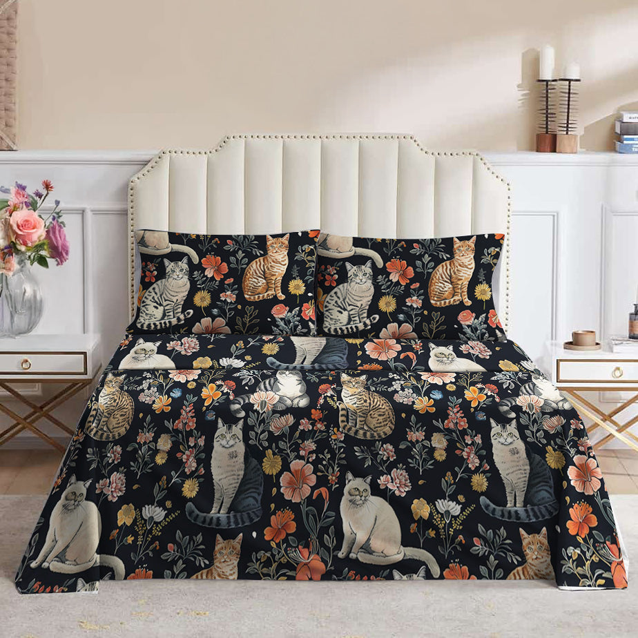Lorva 4-Piece Bed Sheet Set Vintage Floral Cats