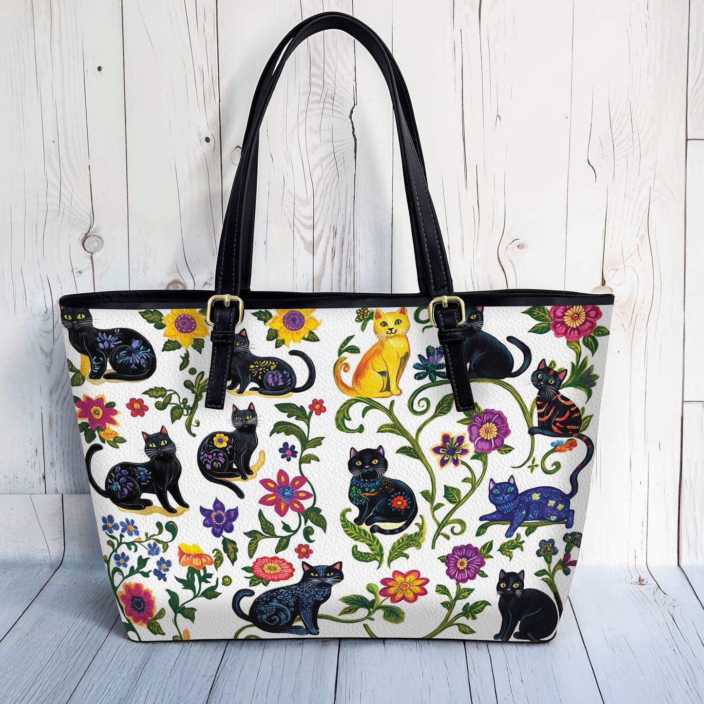 Lorva Leather Tote Bag WhimsiCats Garden