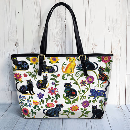 Lorva Leather Tote Bag WhimsiCats Garden
