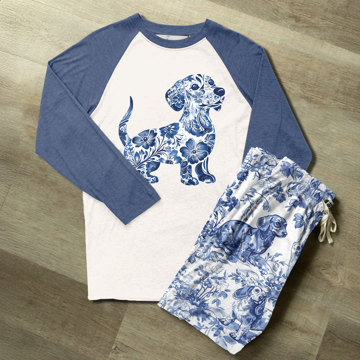 Lorva Raglan Lounge Pajamas Blue Floral Dachshund
