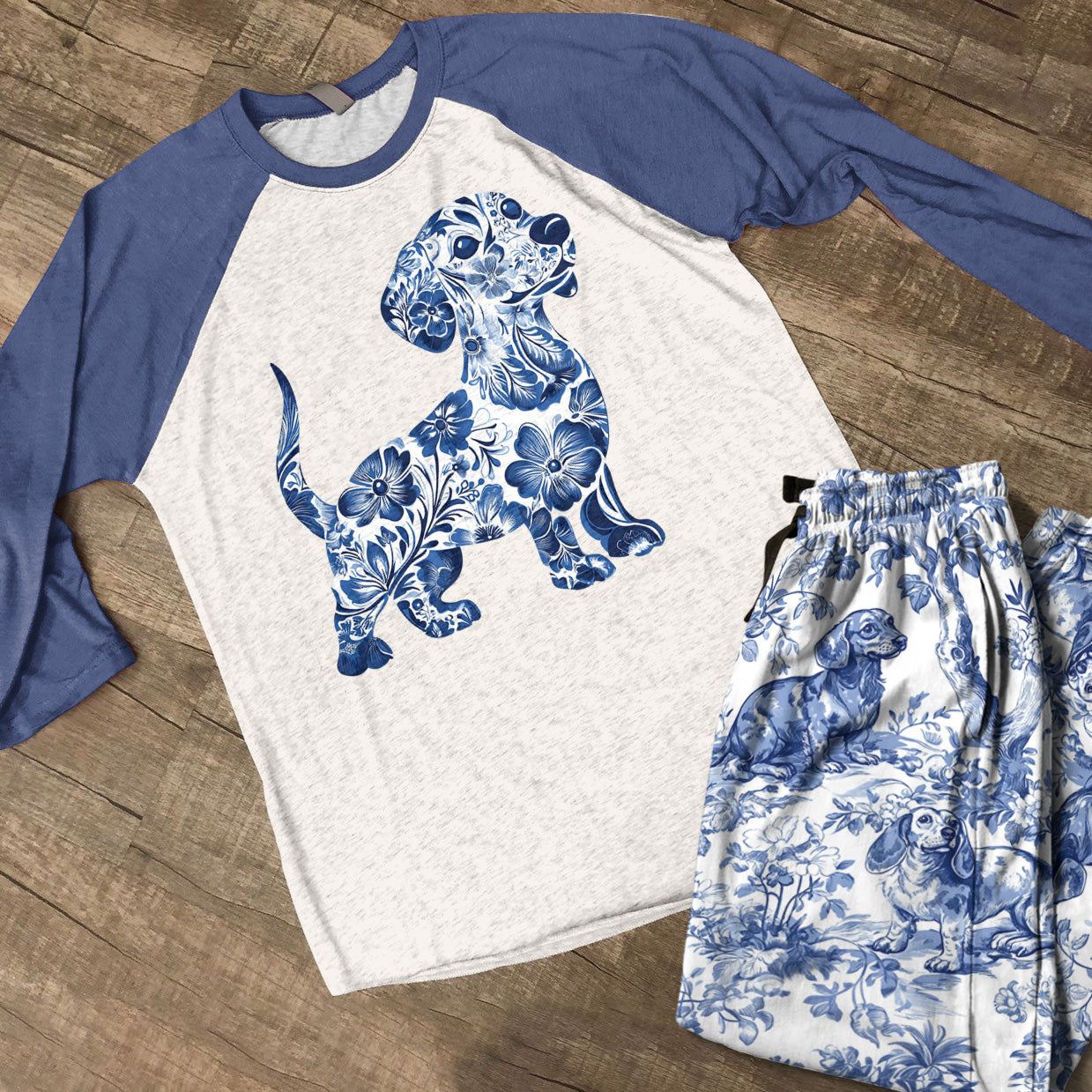 Lorva Raglan Lounge Pajamas Blue Floral Dachshund