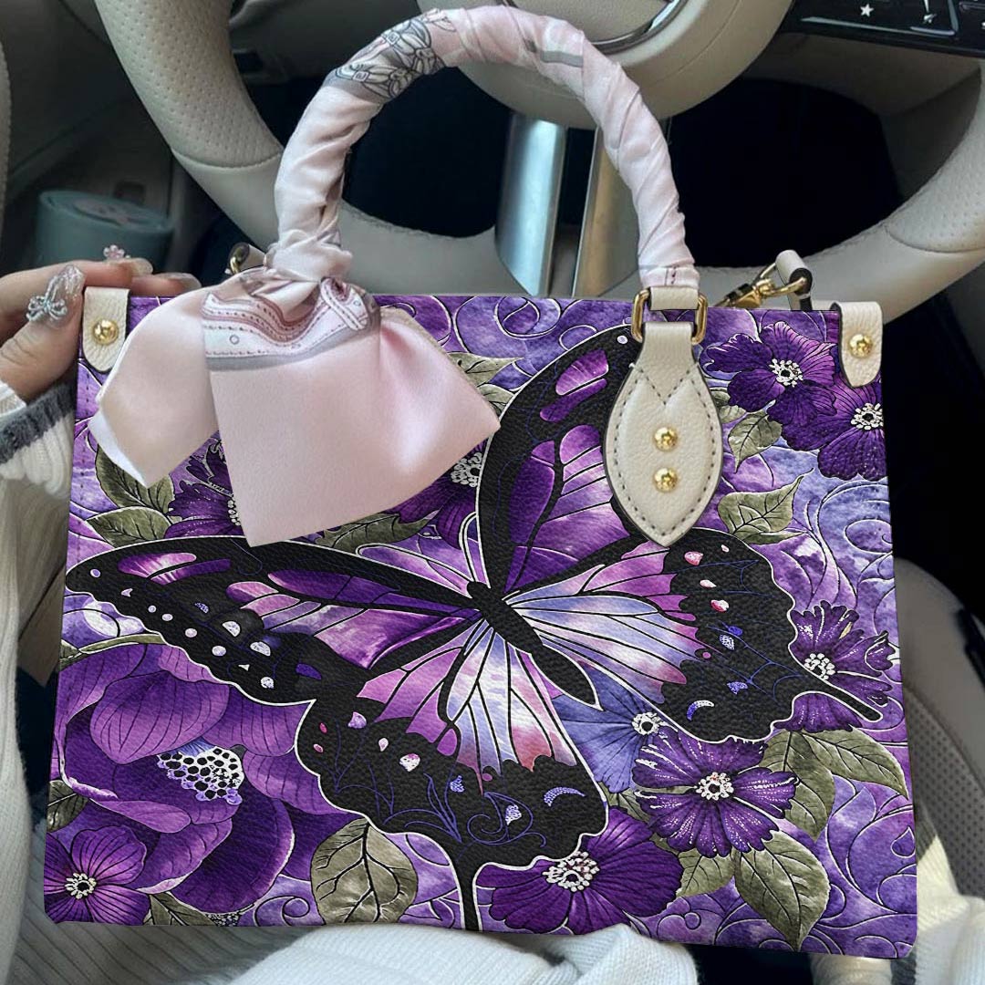 Lorva Leather Bag Gorgeous Purple Butterfly Flowers