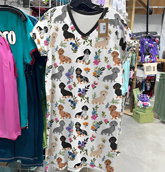 Lorva V-neck Nightshirt Charming Floral Dachshunds