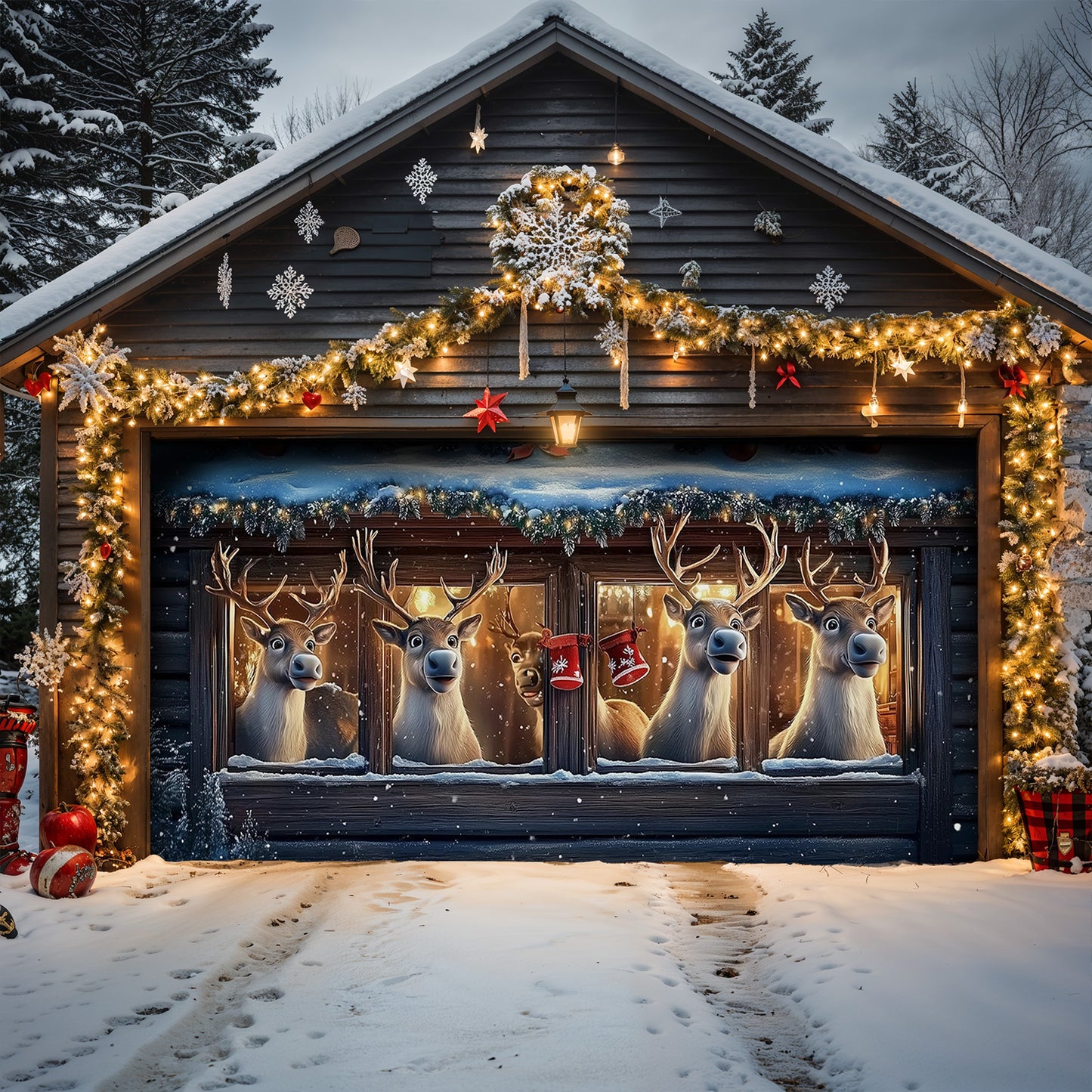 Lorva Christmas Garage Door Banner Decoration Reindeer's Playful