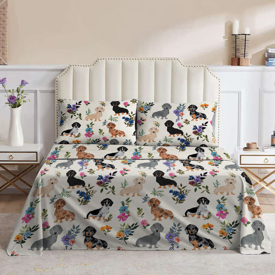 Lorva 4-Piece Bed Sheet Set Charming Floral Dachshunds
