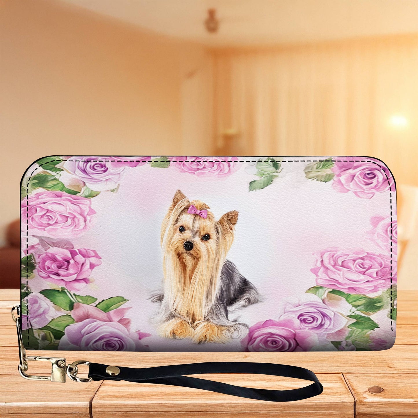 Lorva Leather Wallet Elegance, Roses And Yorkie Love