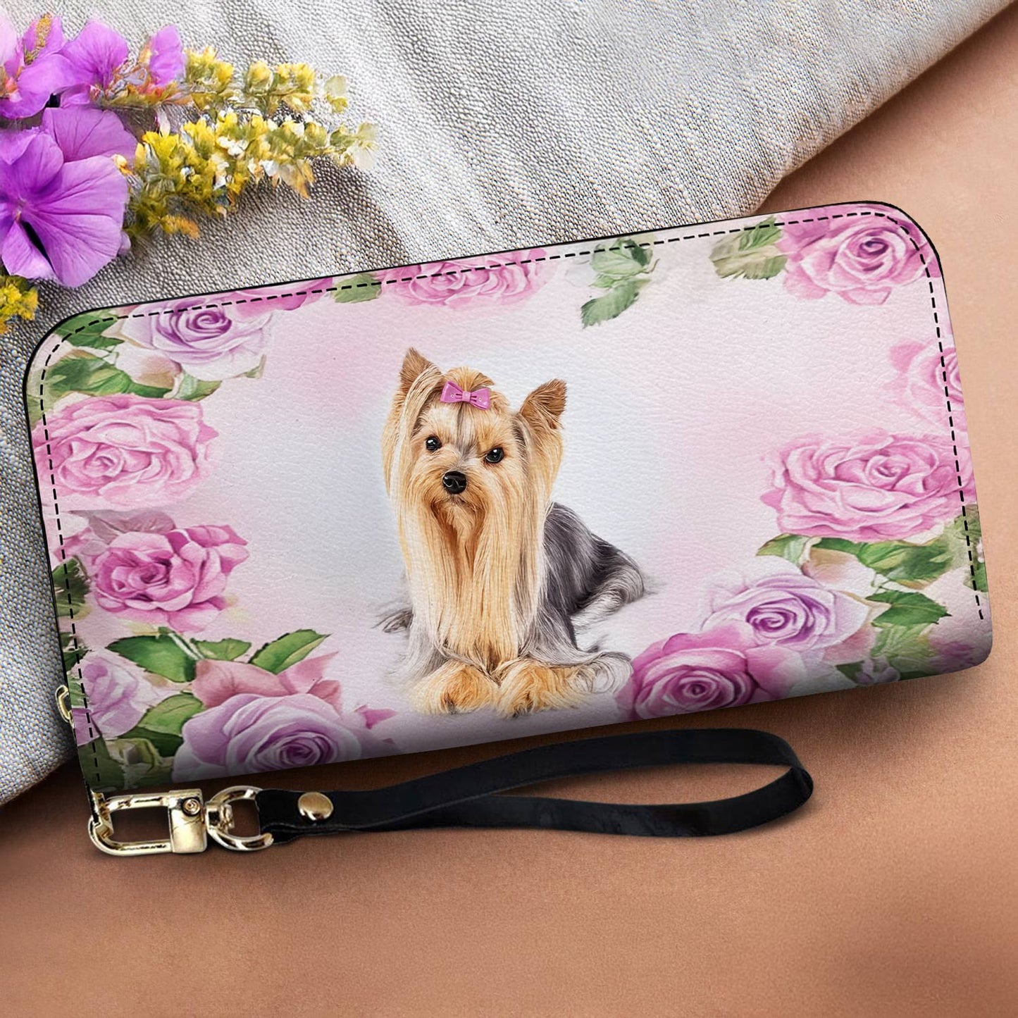 Lorva Leather Wallet Elegance, Roses And Yorkie Love