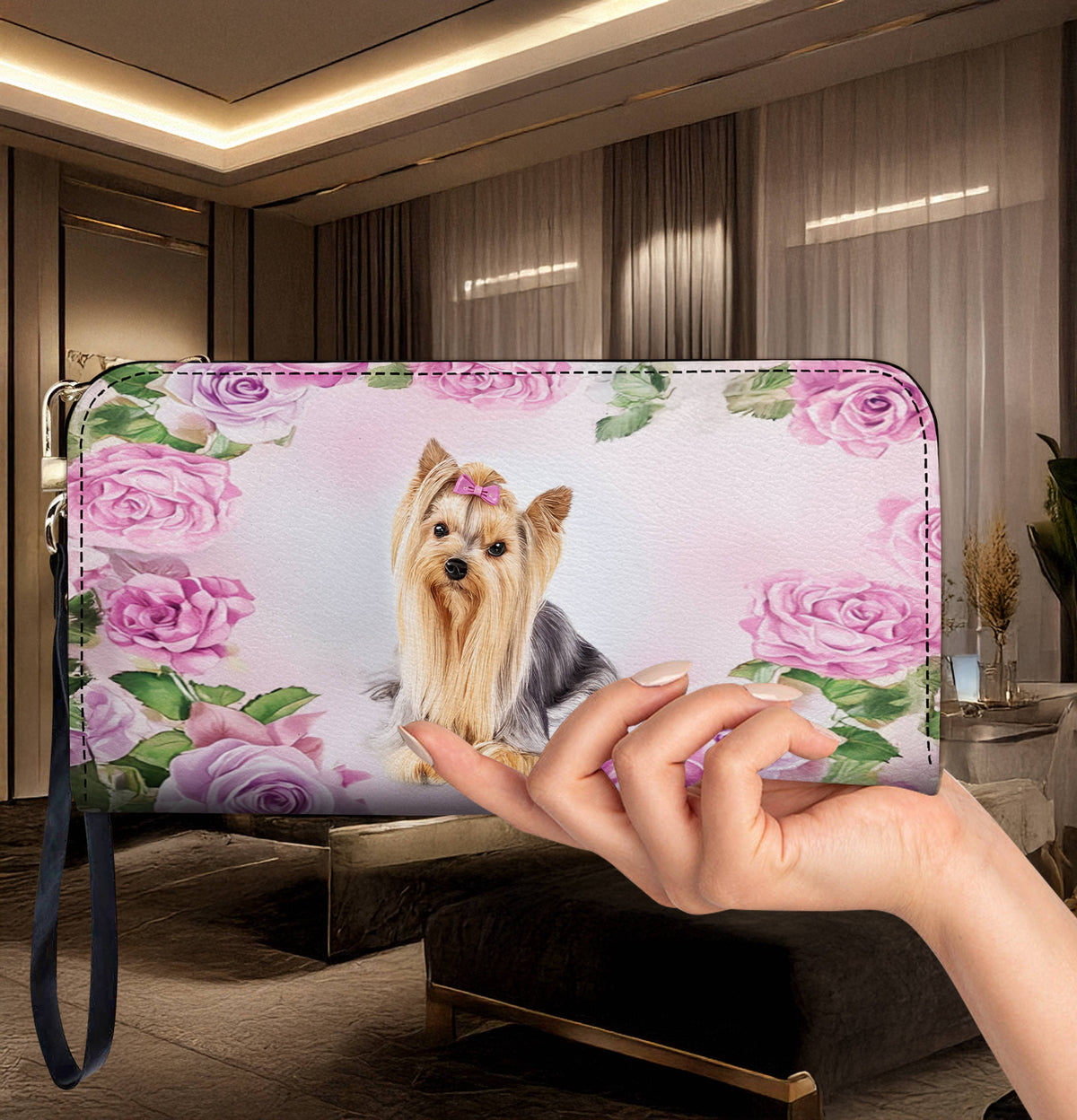 Lorva Leather Wallet Elegance, Roses And Yorkie Love
