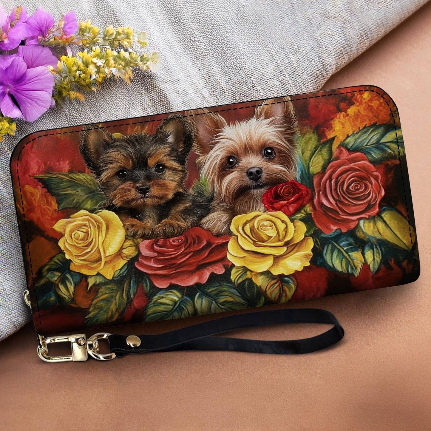 Lorva Leather Wallet Yorkie Beauty Wrapped in Roses