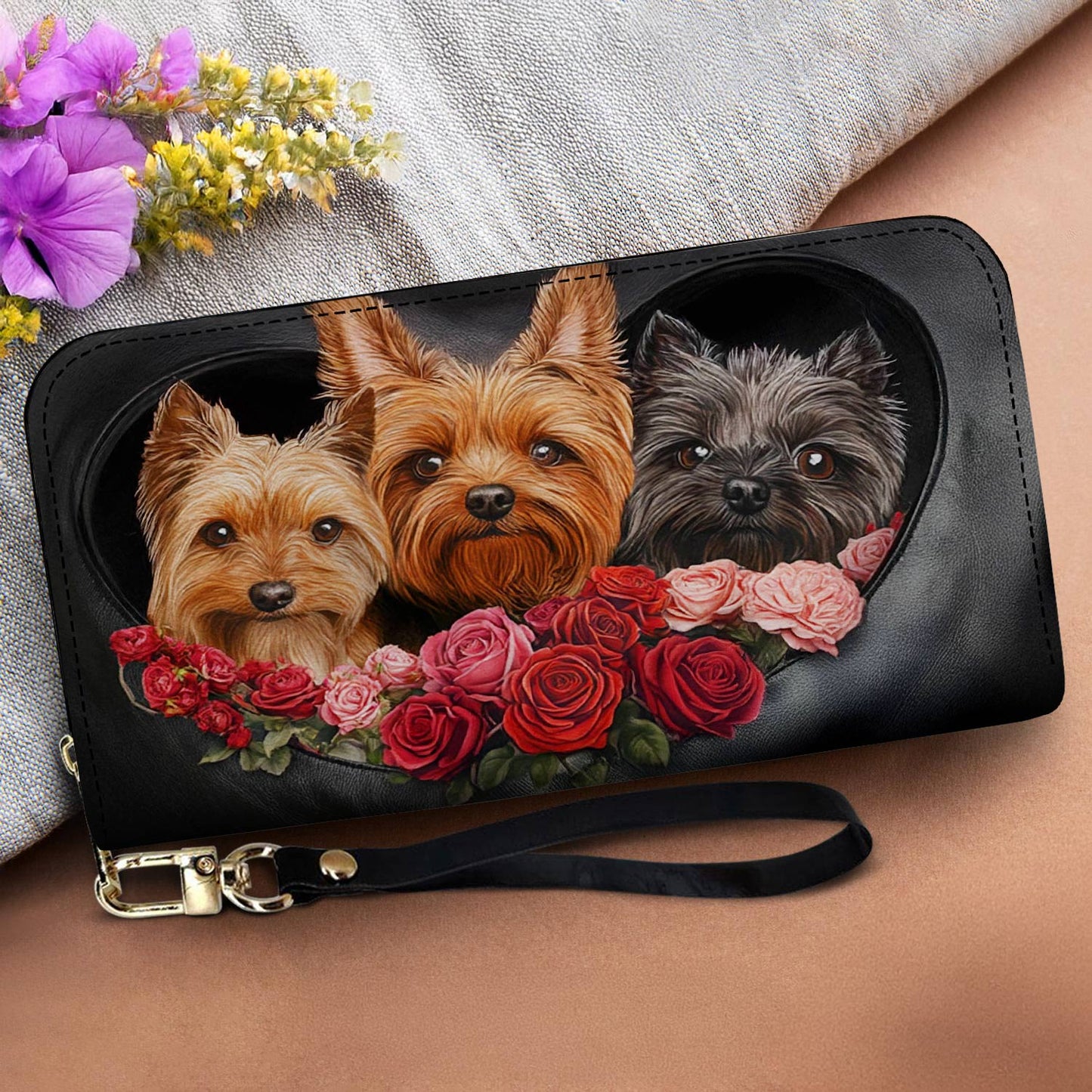 Lorva Yorkie Leather Wallet Fluffy Hearts & Roses