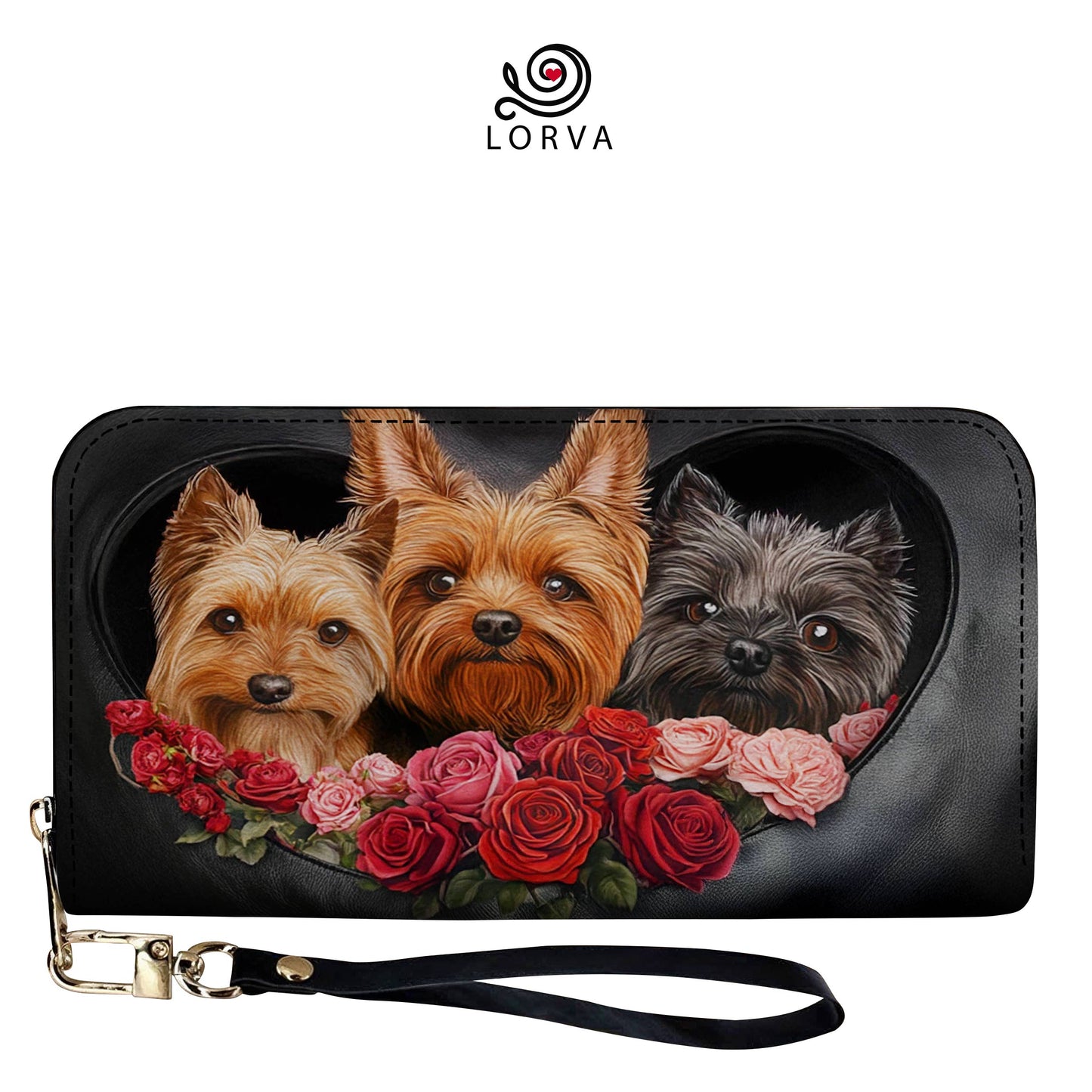 Lorva Yorkie Leather Wallet Fluffy Hearts & Roses