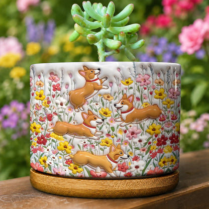 Lorva Corgi Flat Print Ceramic Plant Pot Happy Flower Garden