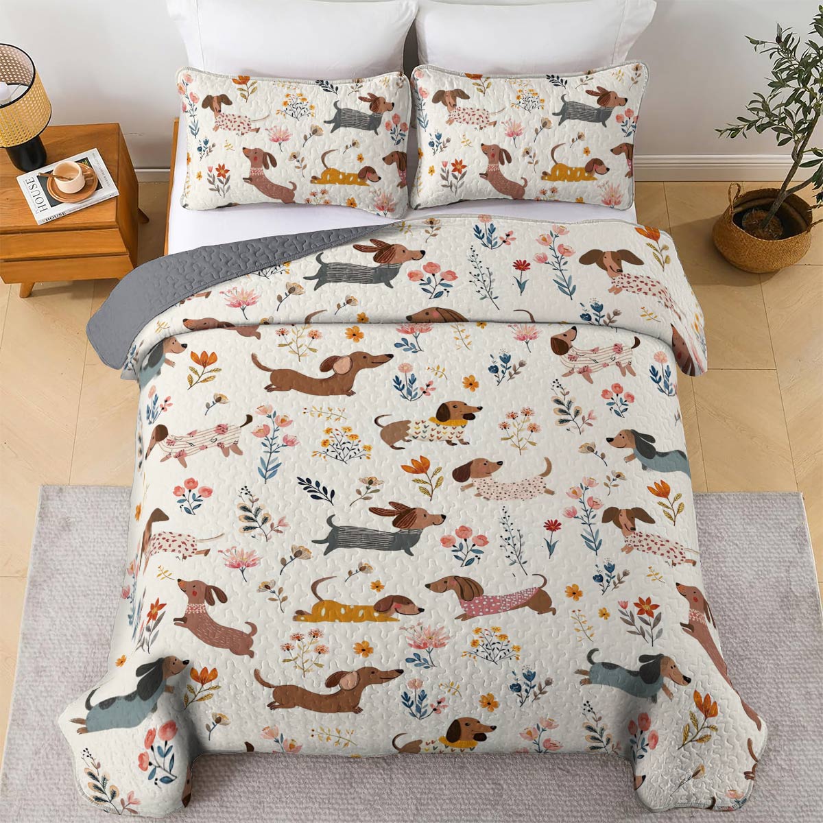 Dachshund Lorva All Season Quilt 3-Piece Set Happy Field Flowers