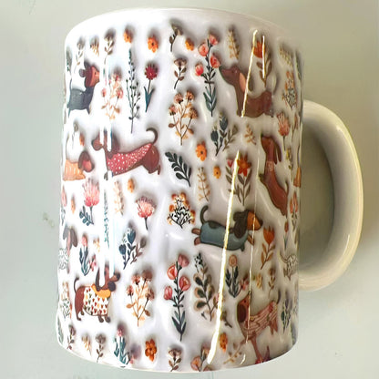 Lorva Dachshund Flat Print Mug Happy Field Flowers