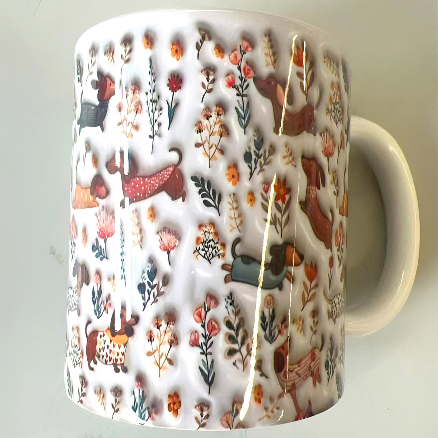 Lorva Dachshund Flat Print Mug Happy Field Flowers