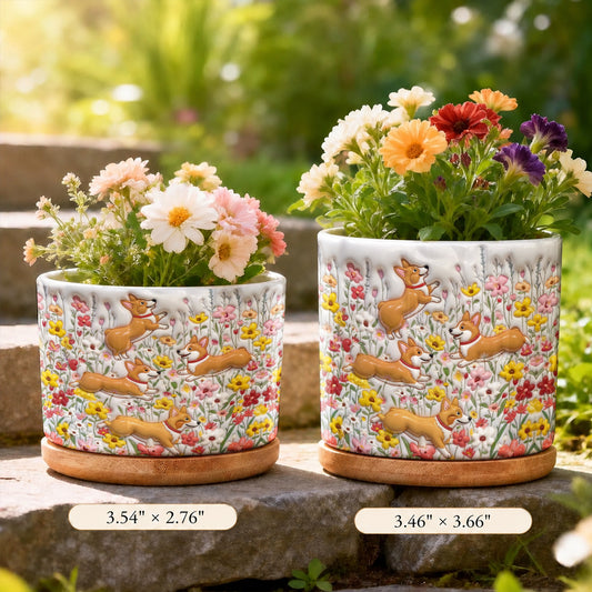 Lorva Corgi Flat Print Ceramic Plant Pot Happy Flower Garden